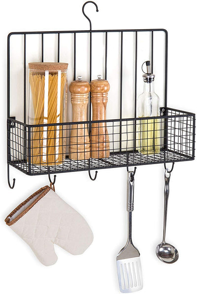 Metal Spice Rack with 5 Utensil Hooks, Standard, Black