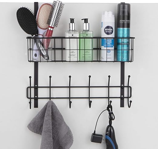 Metal Wire Storage Basket with 6 Hooks Black