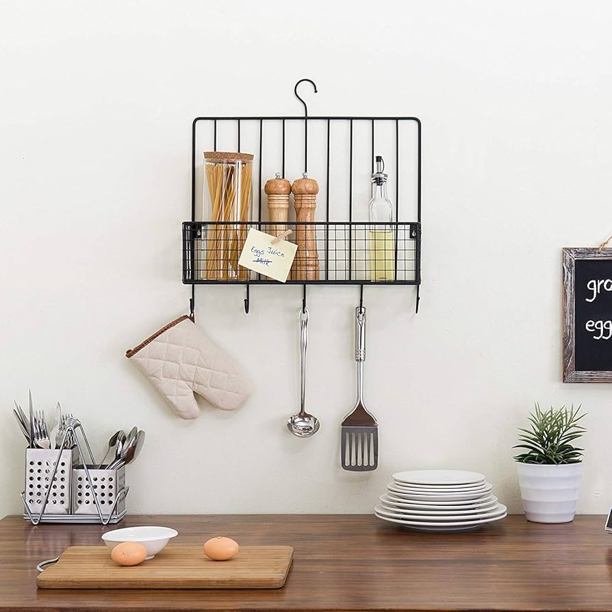 Metal Spice Rack with 5 Utensil Hooks, Standard, Black