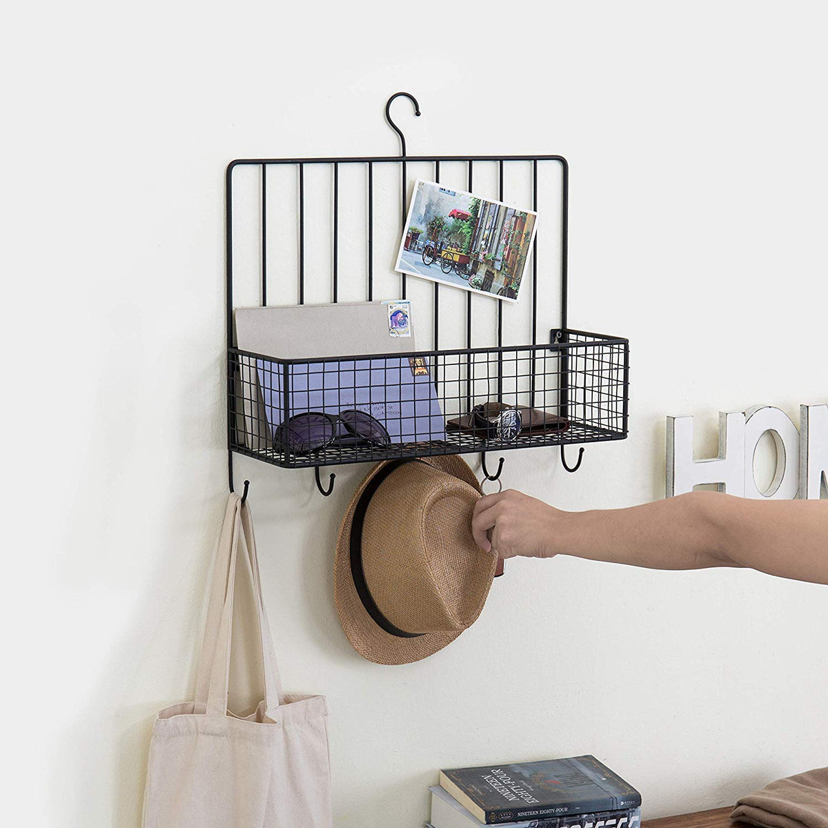 Metal Spice Rack with 5 Utensil Hooks, Standard, Black
