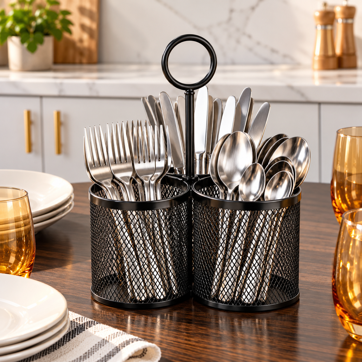Black Metal 3-Section Cutlery Organizer