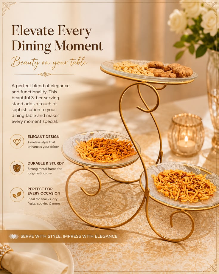 Elegant 3-Tier Gold Samosa Serving Stand