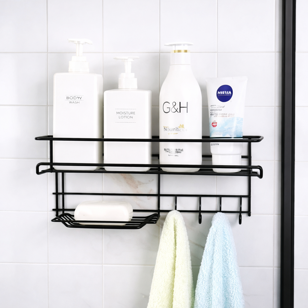 Wall Mounted Shelf With Hooks And Soap Holder