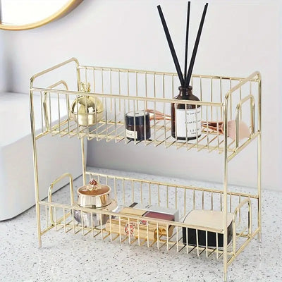 Golden Metal Bathroom Shelf - Elegant Versatile Cosmetic Organizer