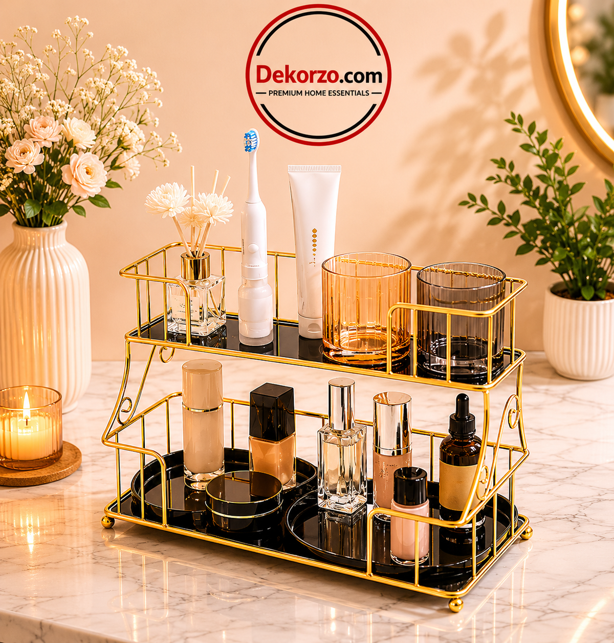 2-Tier Golden Cosmetic Organizer Tray