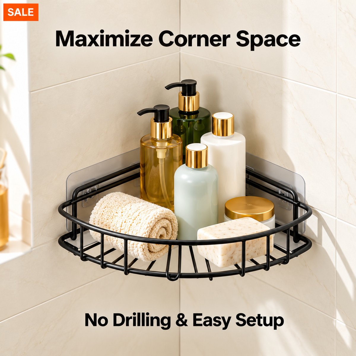 Black Metal Bathroom Corner Organizer – No-Drill Shower Rack