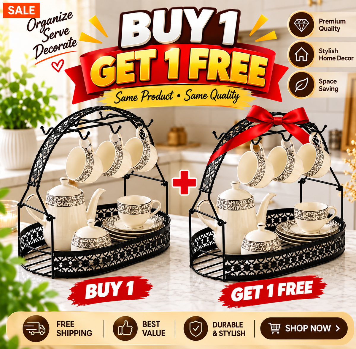 Metal Tea Cup & Organizer Rack – Stand Only (Crockery Not Included) | Buy 1 Get 1 Free