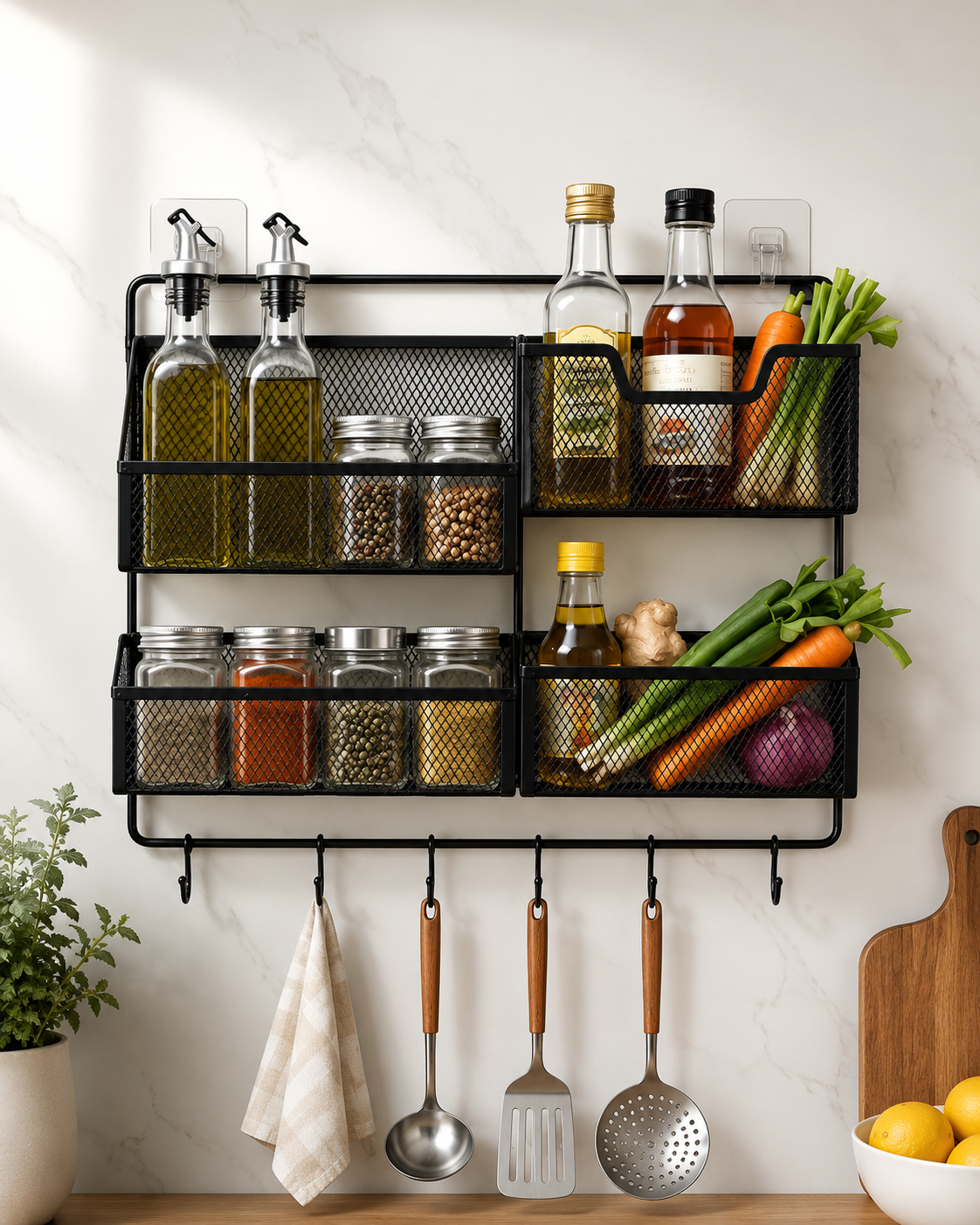 Black Metal Wall Mounted Kitchen Organizer Rack with Hooks