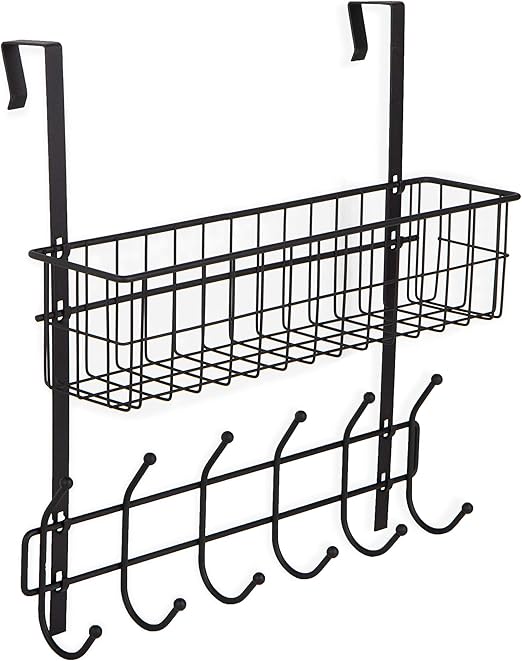Metal Wire Storage Basket with 6 Hooks Black