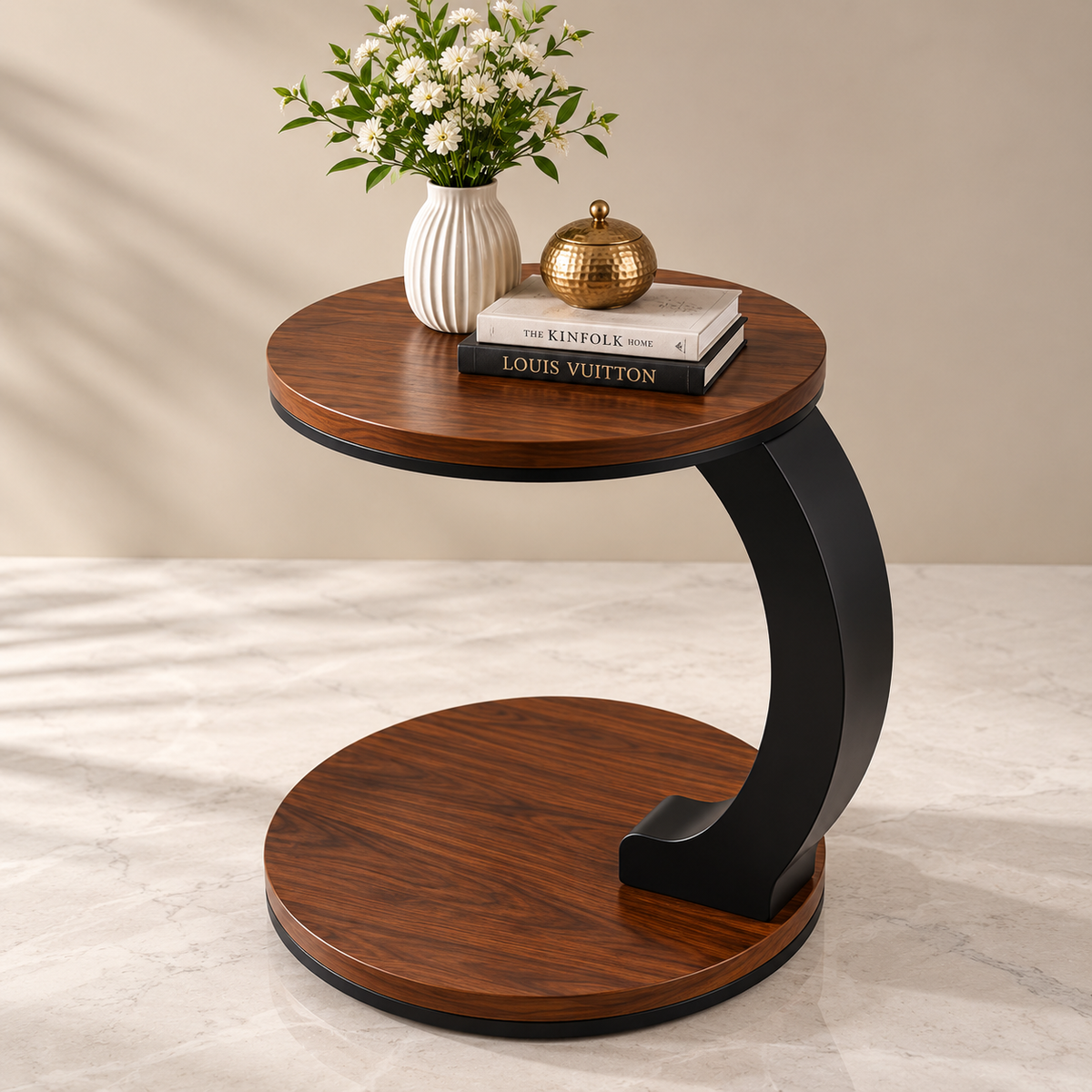 Luxury 2-Tier Wooden Top Side Table – Modern C-Shaped Accent Table