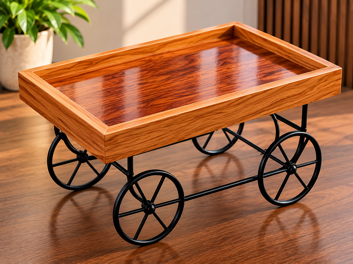 Wooden Serving Trolley with Black Metal Wheels