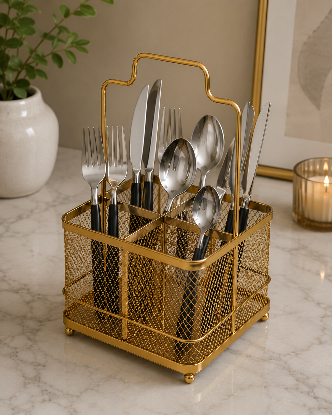 Luxury Gold Mesh Cutlery Holder & Utensil Organizer