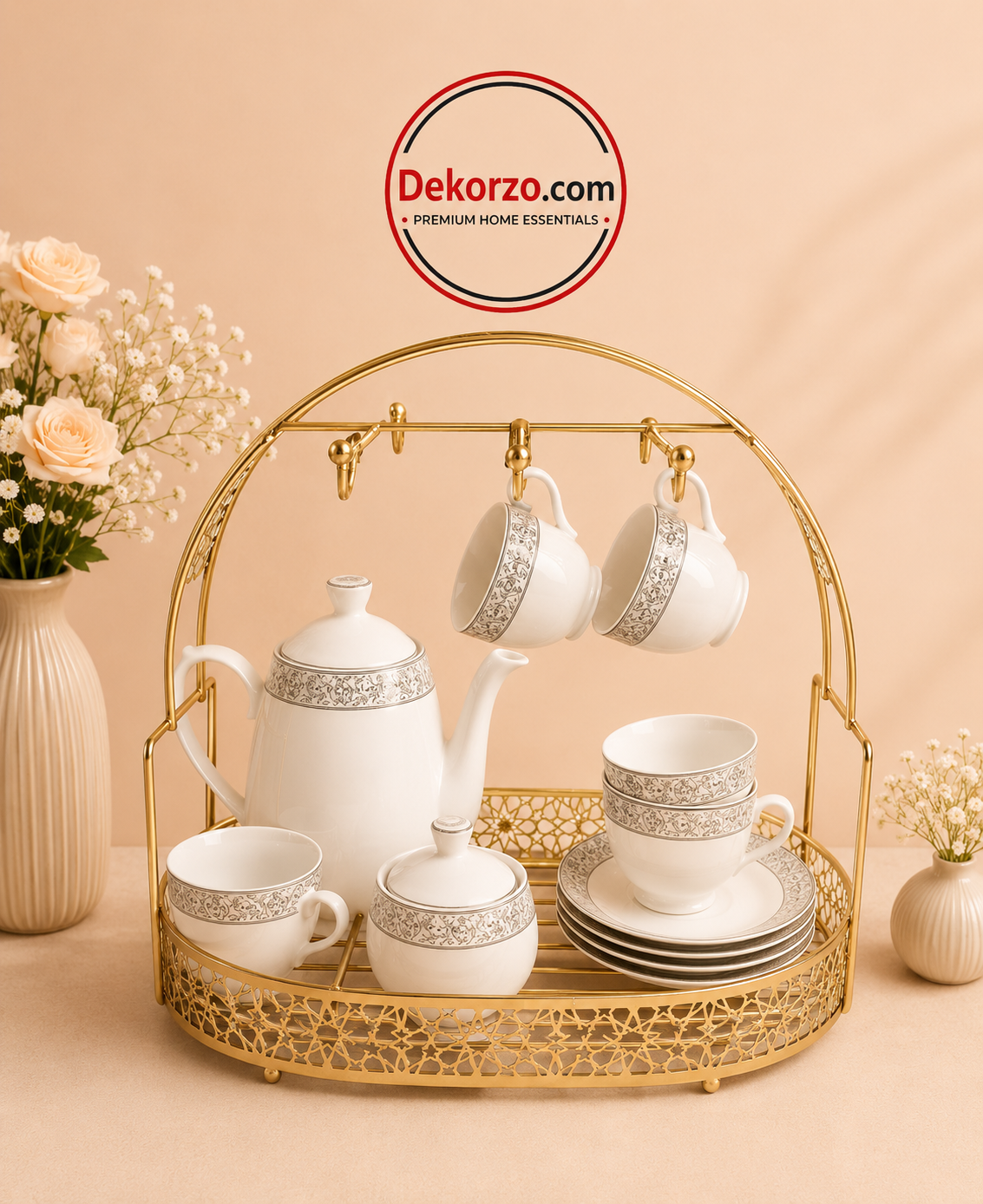 Elegant Gold Wire Tea Set Organizer Rack