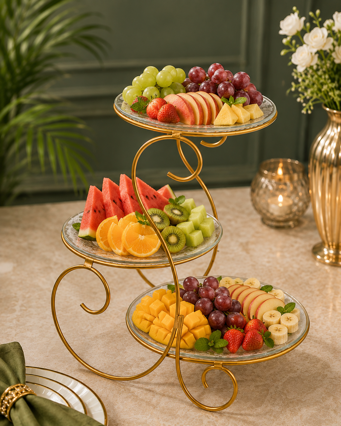 Elegant 3-Tier Gold Samosa Serving Stand
