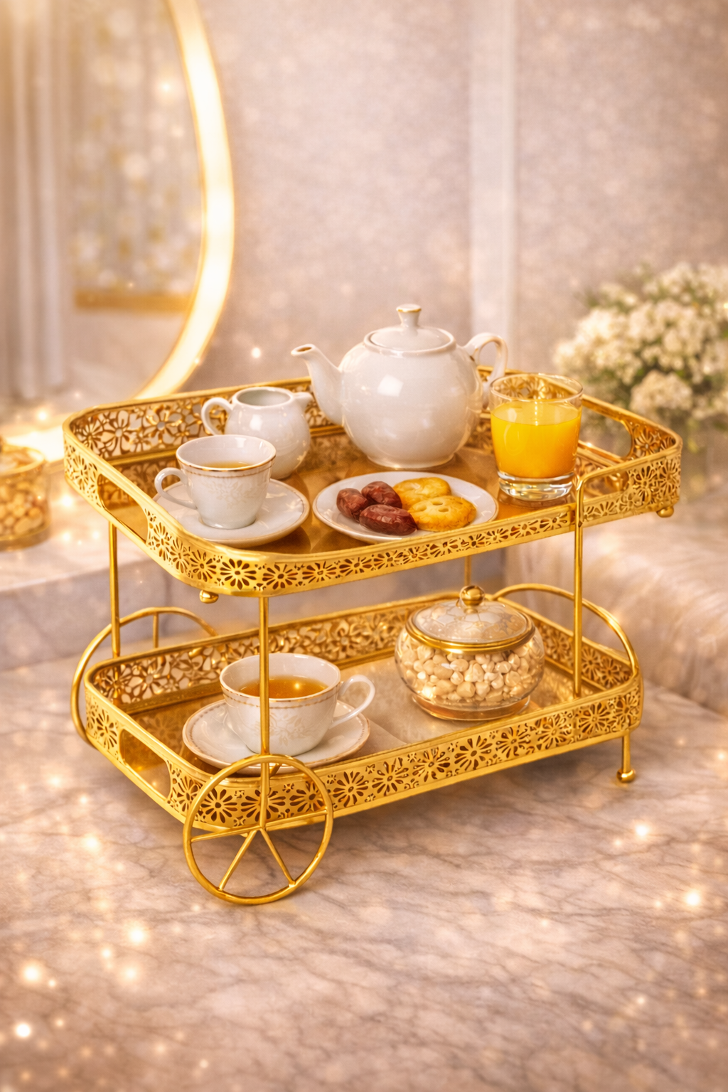 Luxury Gold 2-Tier Serving & Makeup Organizer Trolley