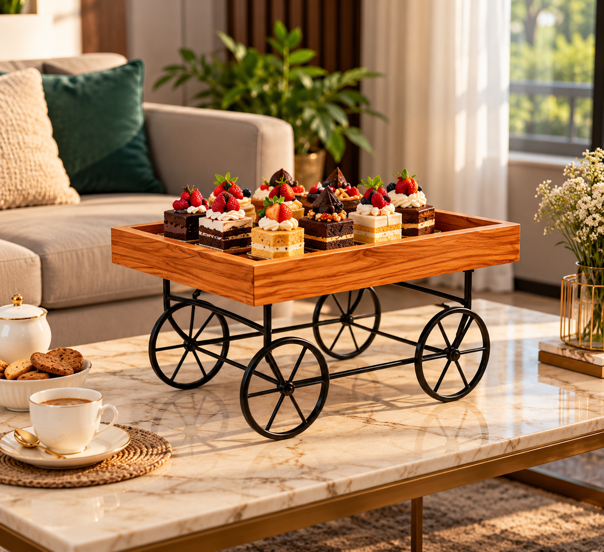 Wooden Serving Trolley with Black Metal Wheels