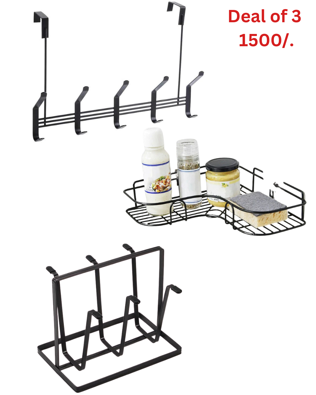 3-in-1 Black Metal Organizer Set – Bathroom Shelf, Over-the-Door Hook, & Lid Rack