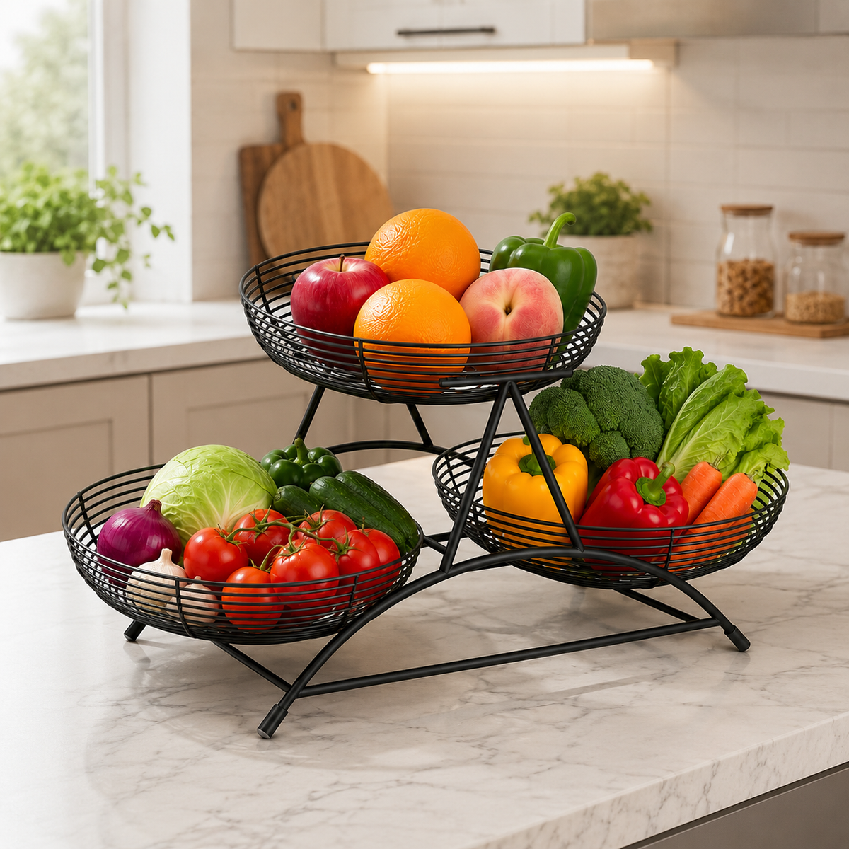 3-Layer Metal Wire Kitchen Storage Rack – Elegant Countertop Fruits & Vegetables Holder Basket