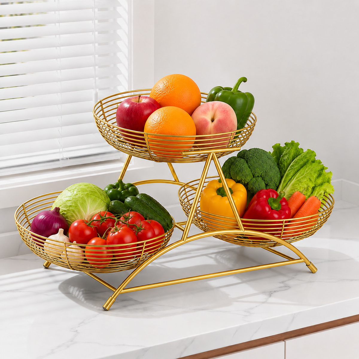 3-Layer Metal Wire Kitchen Storage Rack – Elegant Countertop Fruits & Vegetables Holder Basket
