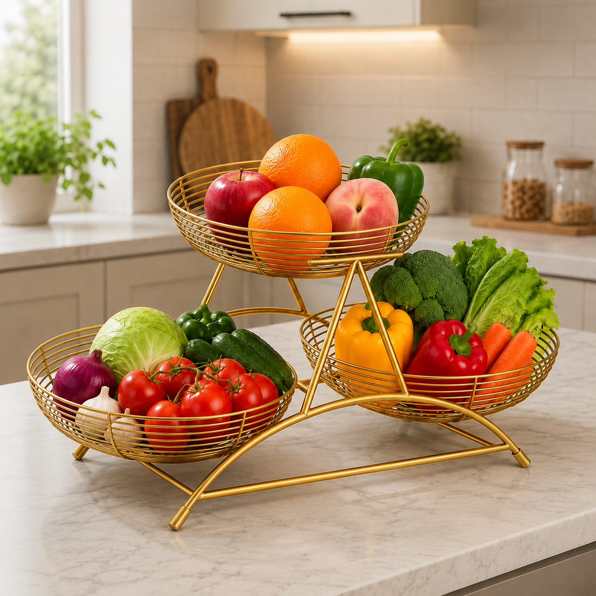 3-Layer Metal Wire Kitchen Storage Rack – Elegant Countertop Fruits & Vegetables Holder Basket