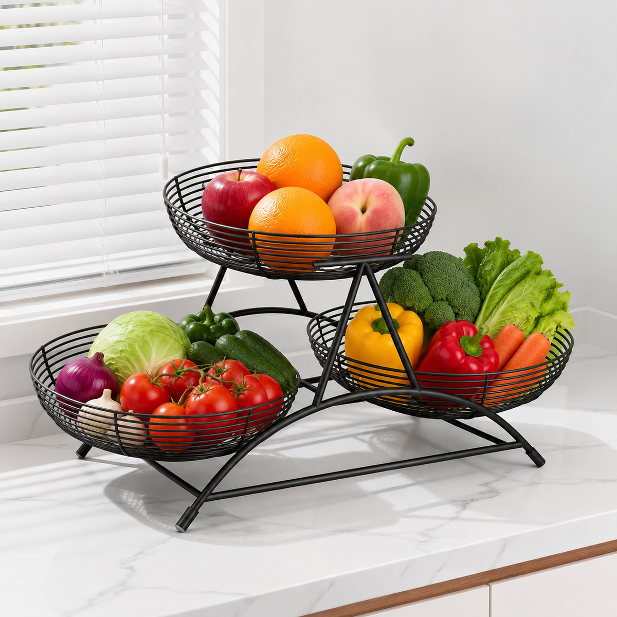 3-Layer Metal Wire Kitchen Storage Rack – Elegant Countertop Fruits & Vegetables Holder Basket