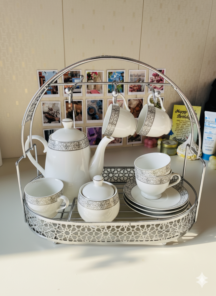 Tea Set With Rack Elegant Gold Wire Tea Set Organizer Rack – Dekorzo