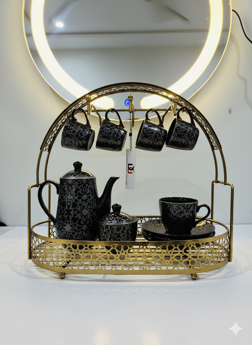 Elegant Gold Wire Tea Set Organizer Rack