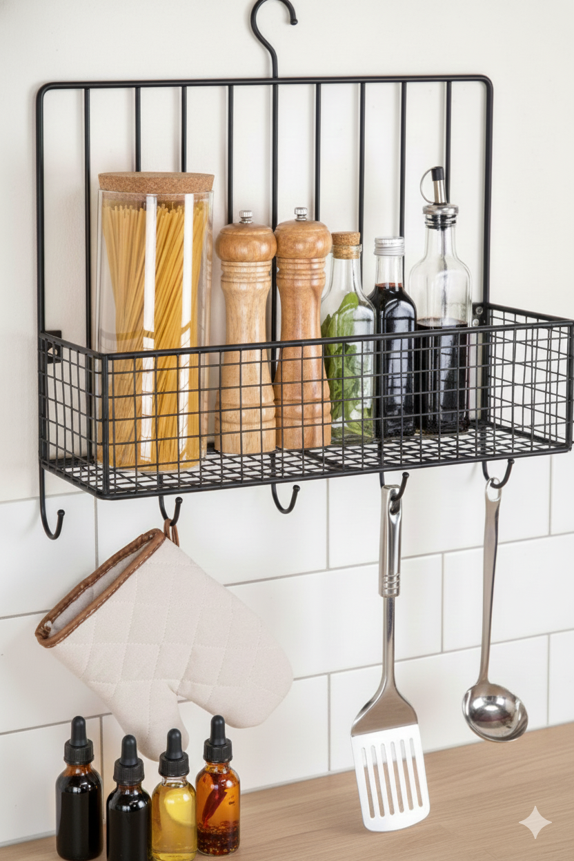 Metal Spice Rack with 5 Utensil Hooks, Standard, Black