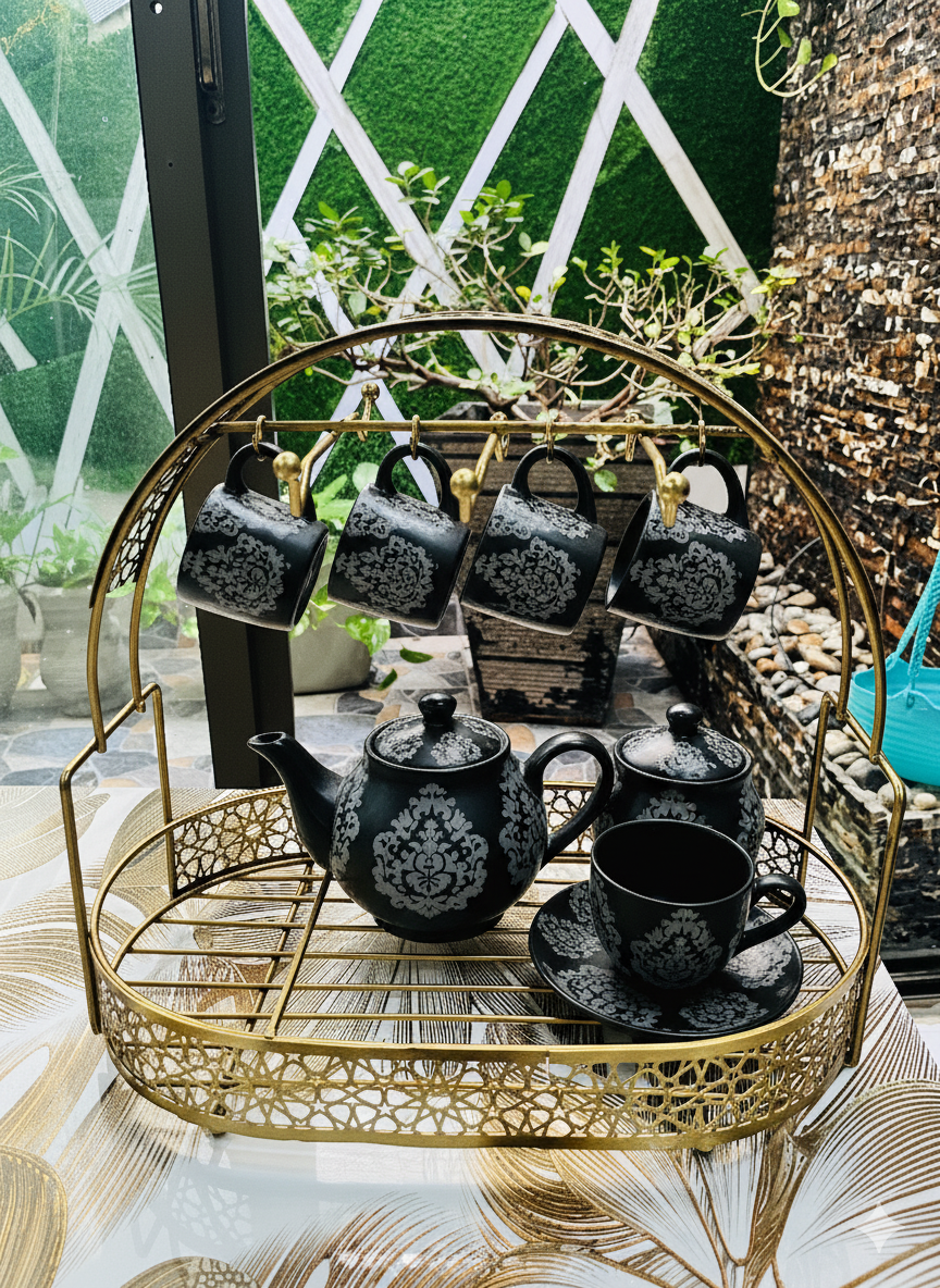 Elegant Gold Wire Tea Set Organizer Rack