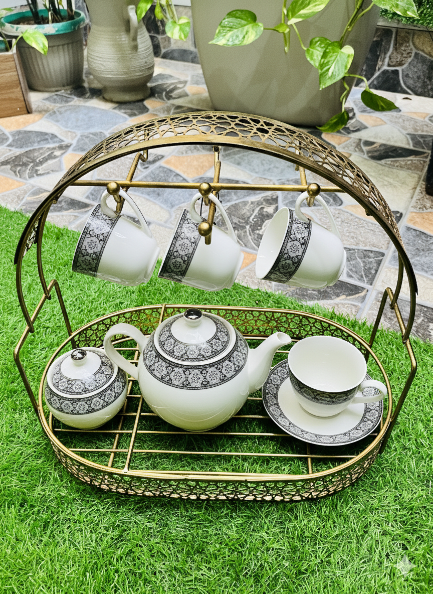 Elegant Gold Wire Tea Set Organizer Rack