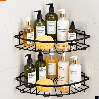 Black Metal Bathroom Corner Organizer – No-Drill Shower Rack
