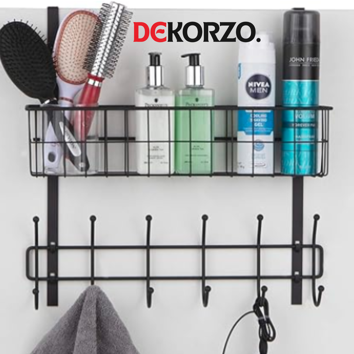 Metal Wire Storage Basket with 6 Hooks Black