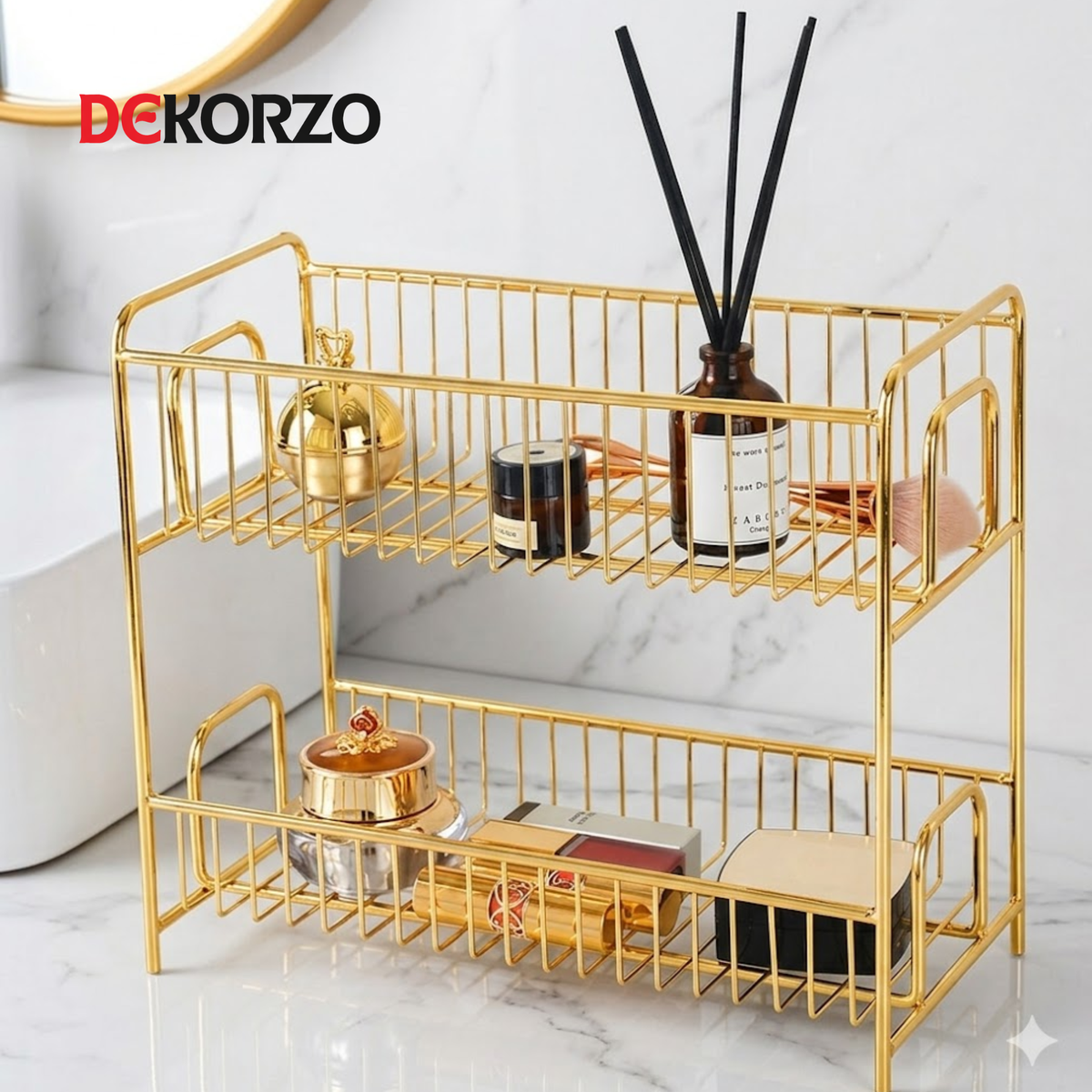 Golden Metal Bathroom Shelf - Elegant Versatile Cosmetic Organizer