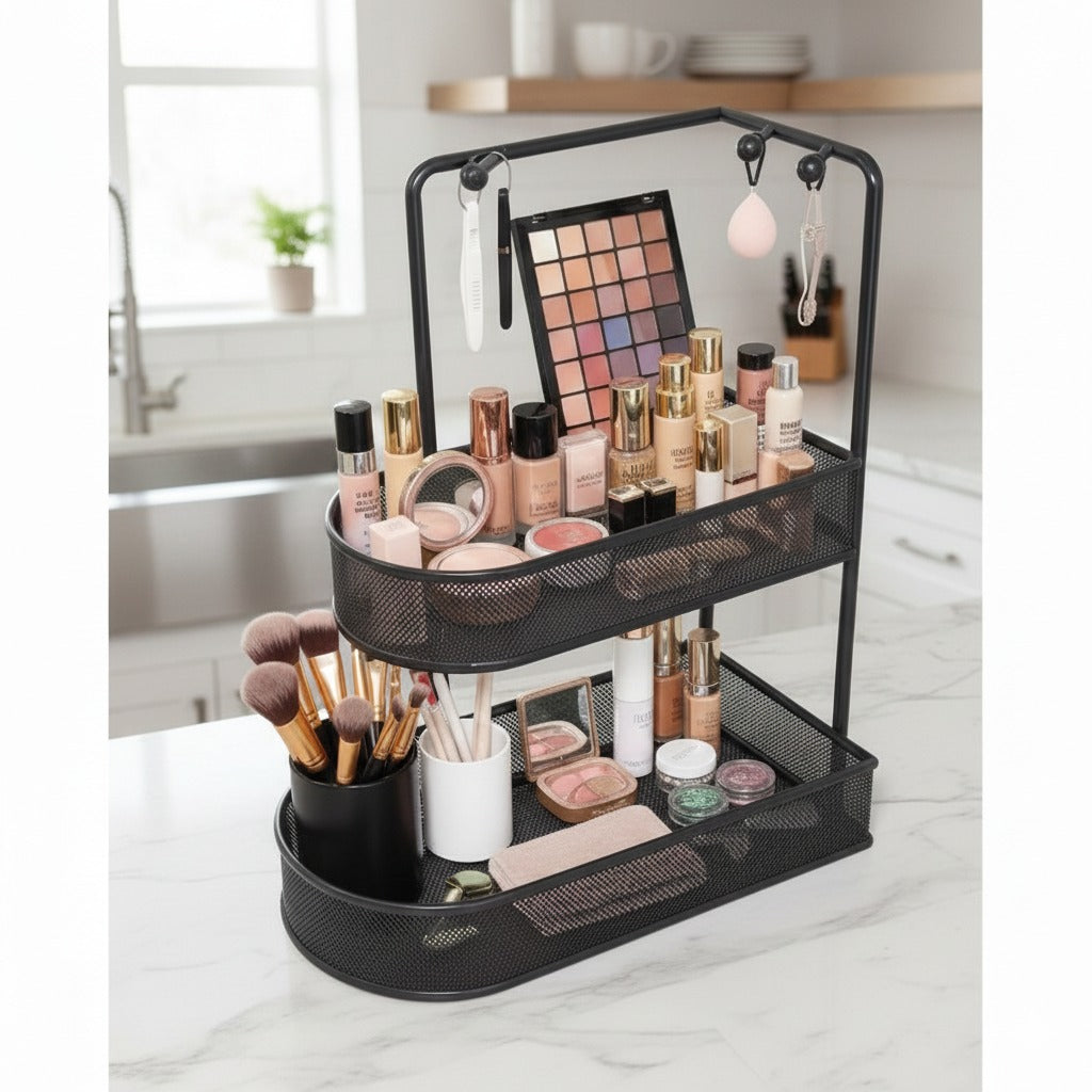 Mesh Vanity Organizer with Integrated Hooks