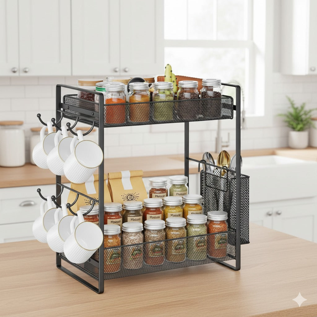 2-Tier Black Mesh Countertop Organizer