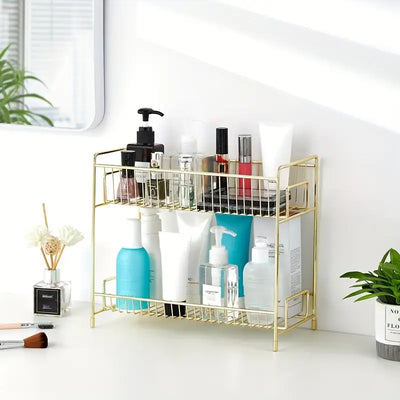 Golden Metal Bathroom Shelf - Elegant Versatile Cosmetic Organizer