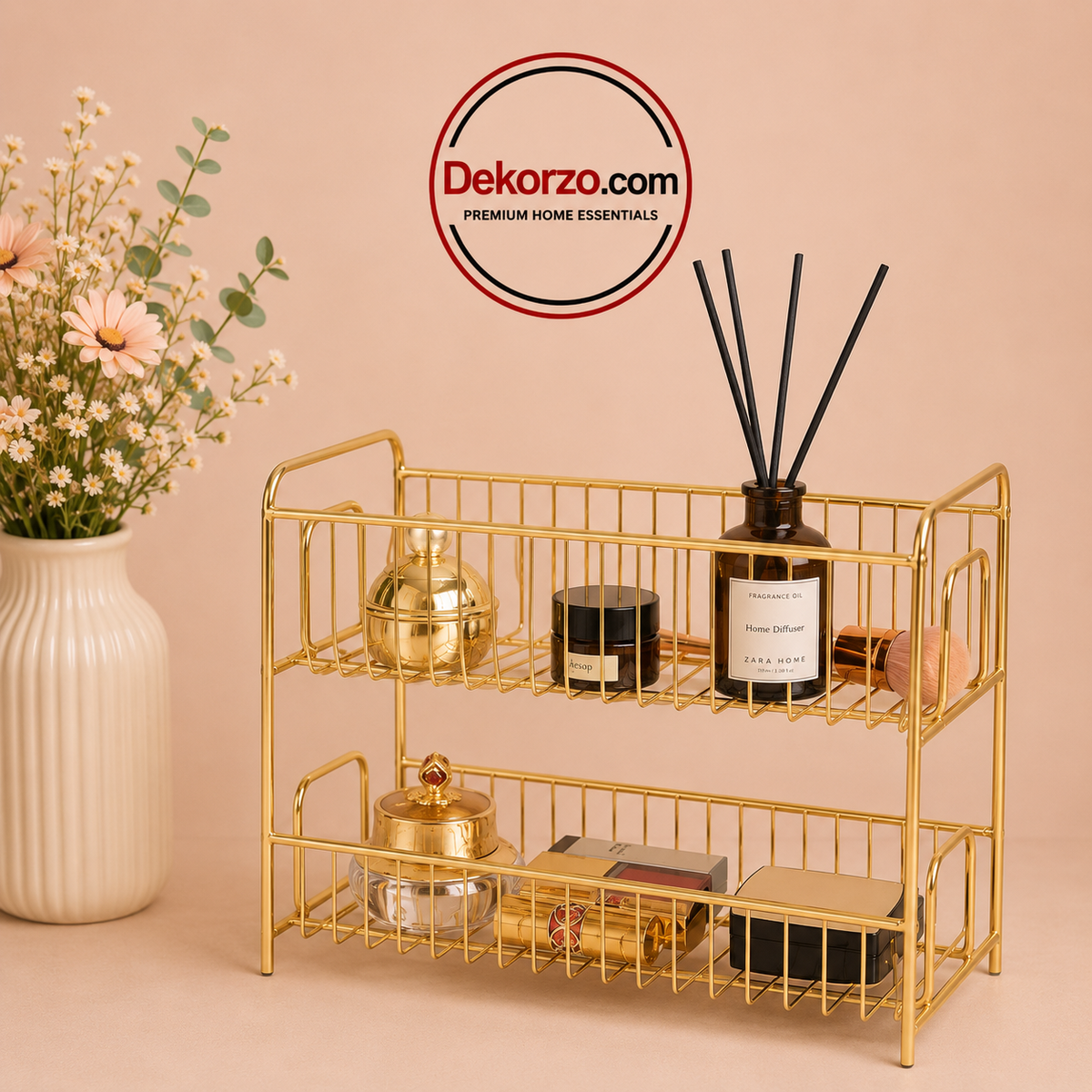 Golden Metal Bathroom Shelf - Elegant Versatile Cosmetic Organizer