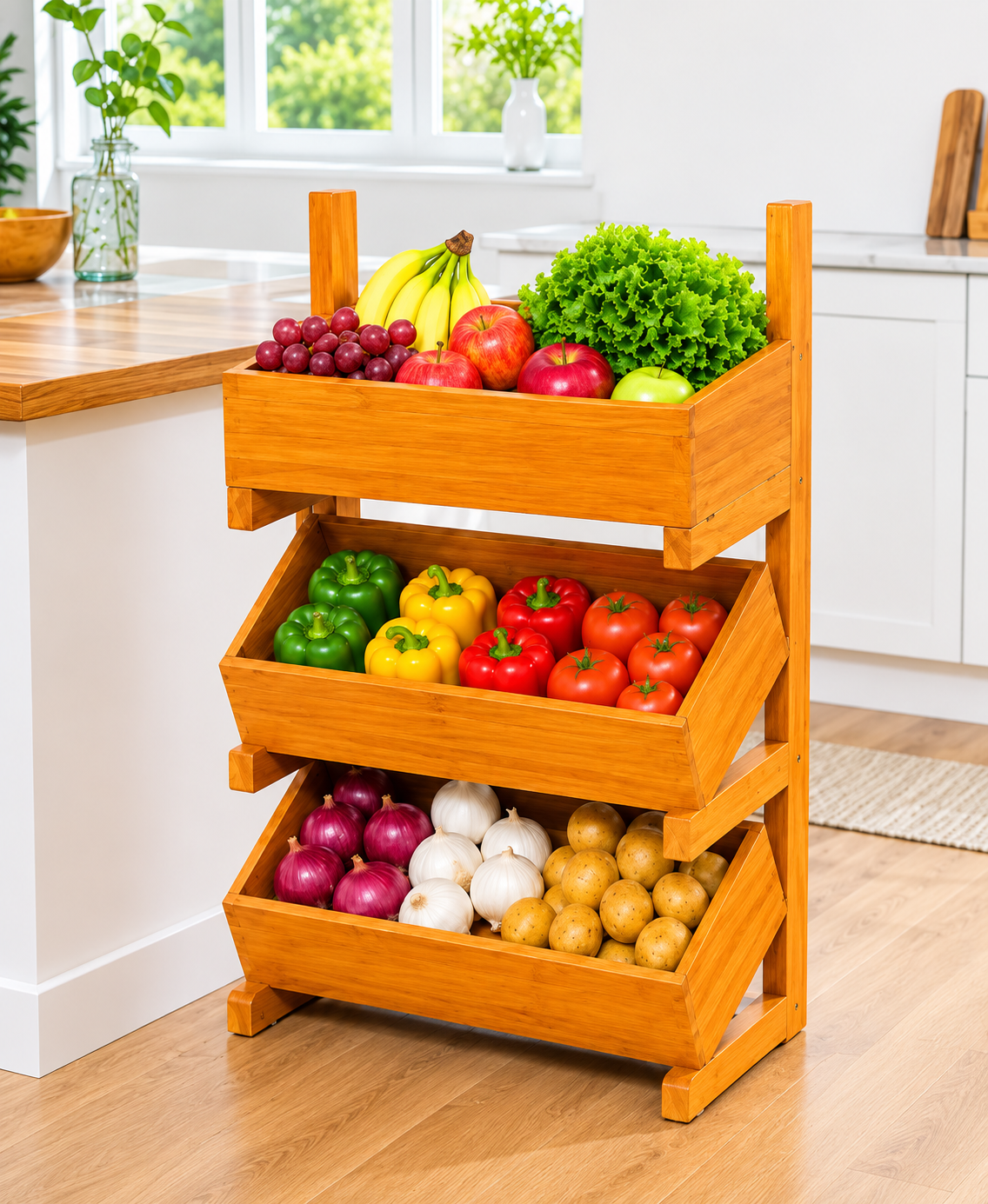 3 Tier Wooden Fruit & Vegetable Storage Rack – Multipurpose Kitchen Organizer