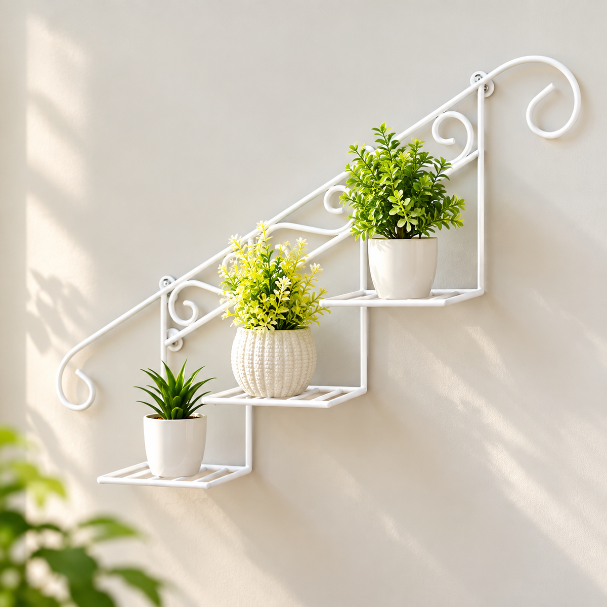 White Staircase Wall Mounted Plant Stand | 3-Tier Decorative Plant Holder