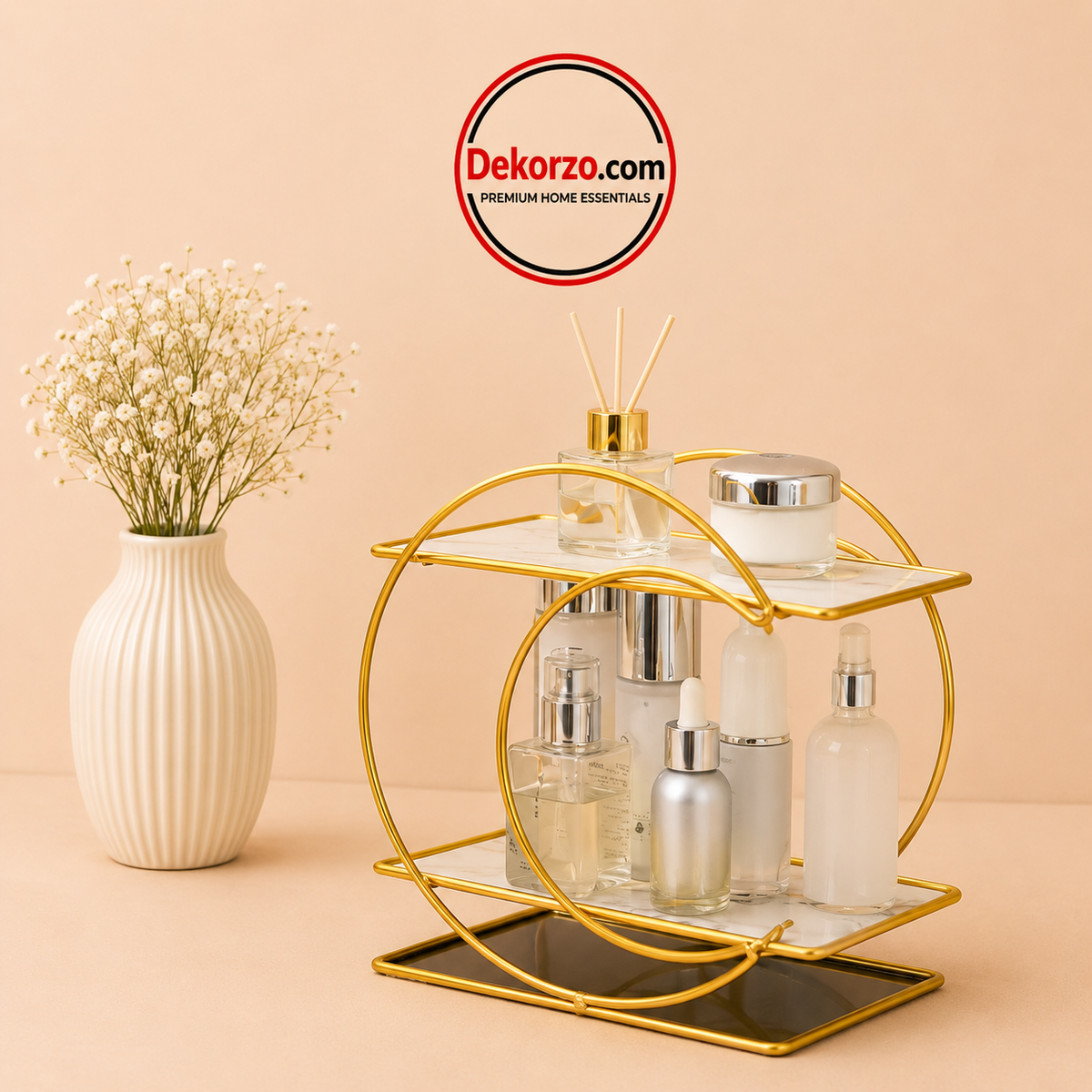 Luxury Golden Cosmetic & Skincare Organizer Rack – 2 Tier