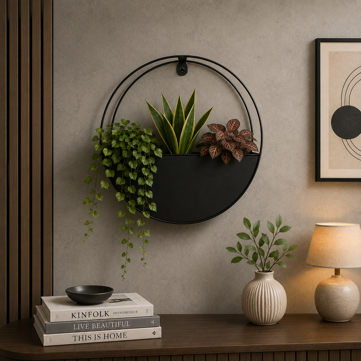 Modern Round Wall Mounted Metal Planter Shelf – Black