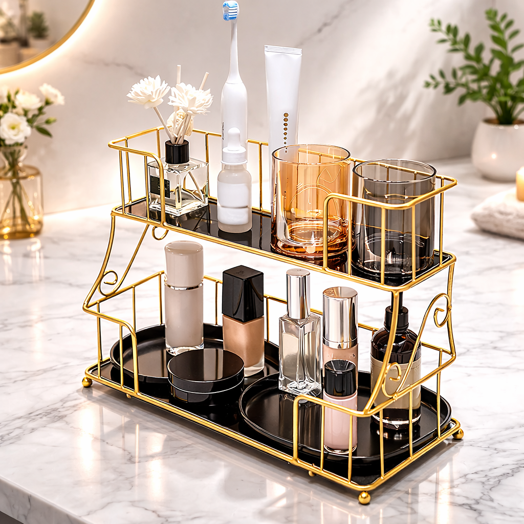 2-Tier Golden Cosmetic Organizer Tray