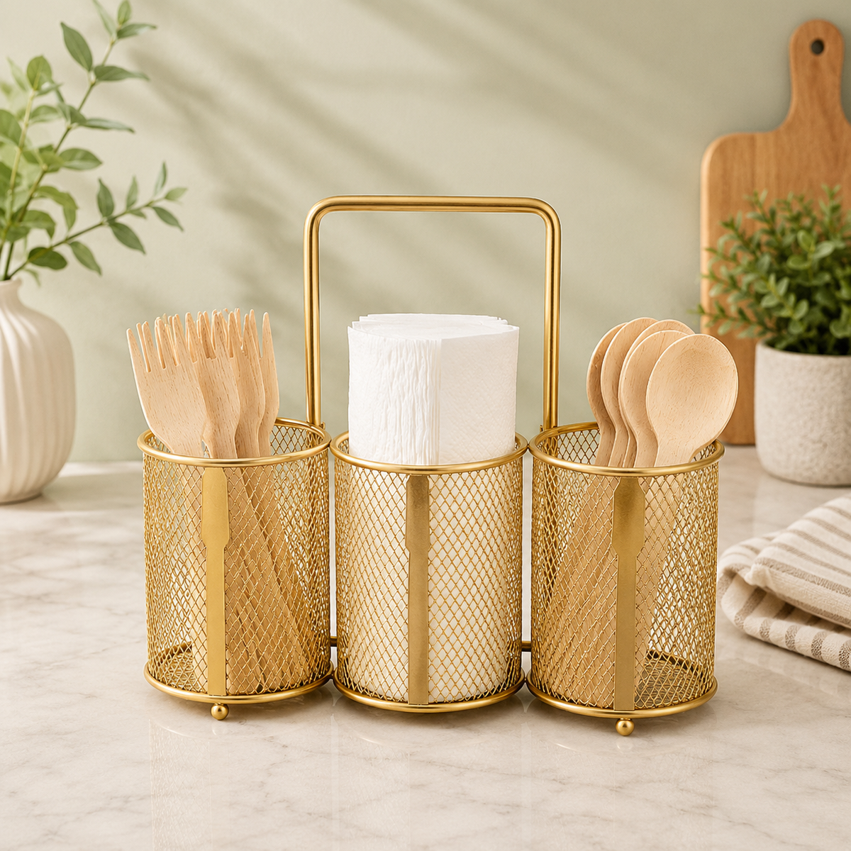 3-Compartment Metal Cutlery & Plate Organizer Stand
