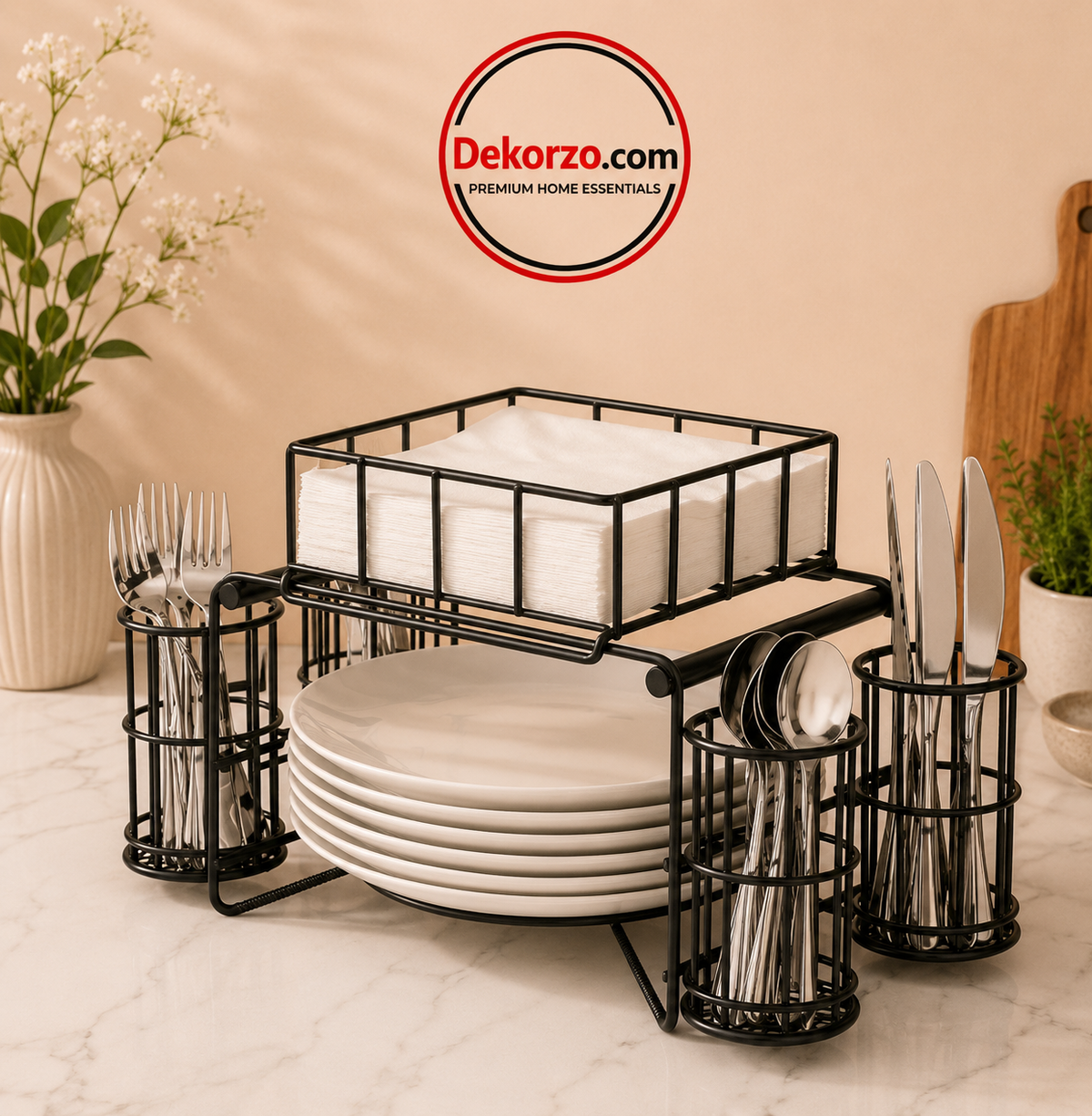 3-in-1 Luxury Metal Buffet Organizer – Plate, Cutlery & Napkin Holder
