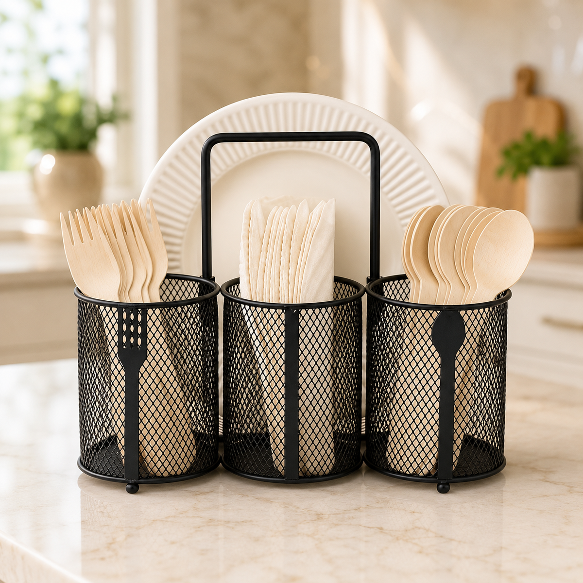 3-Compartment Metal Cutlery & Plate Organizer Stand