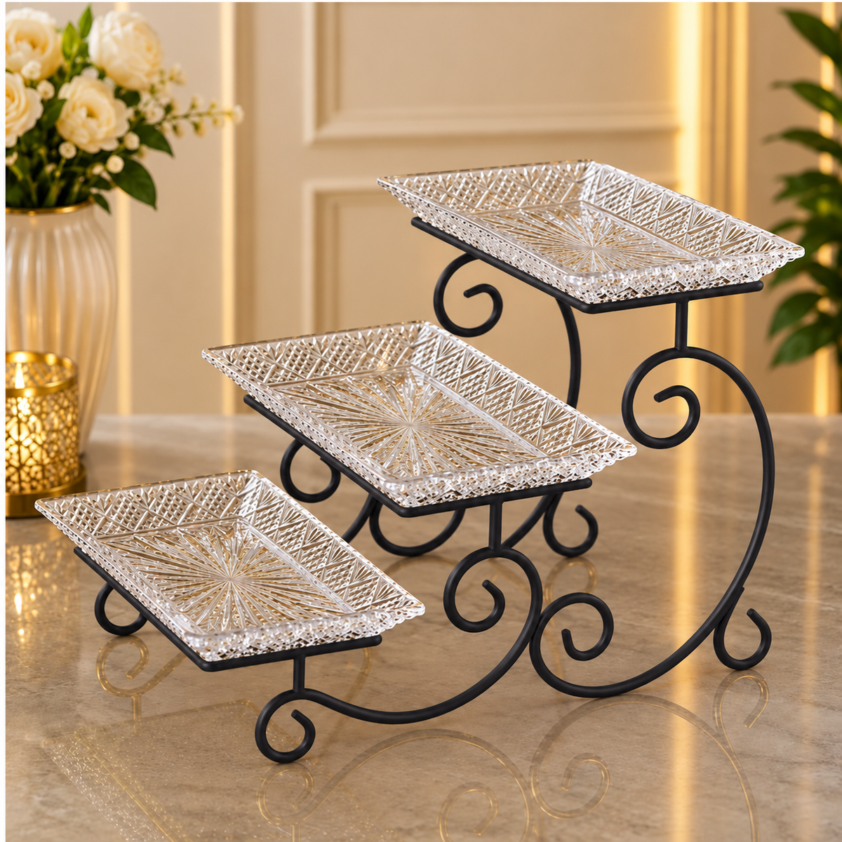 3-Tier Luxury Gold Crystal Serving Stand
