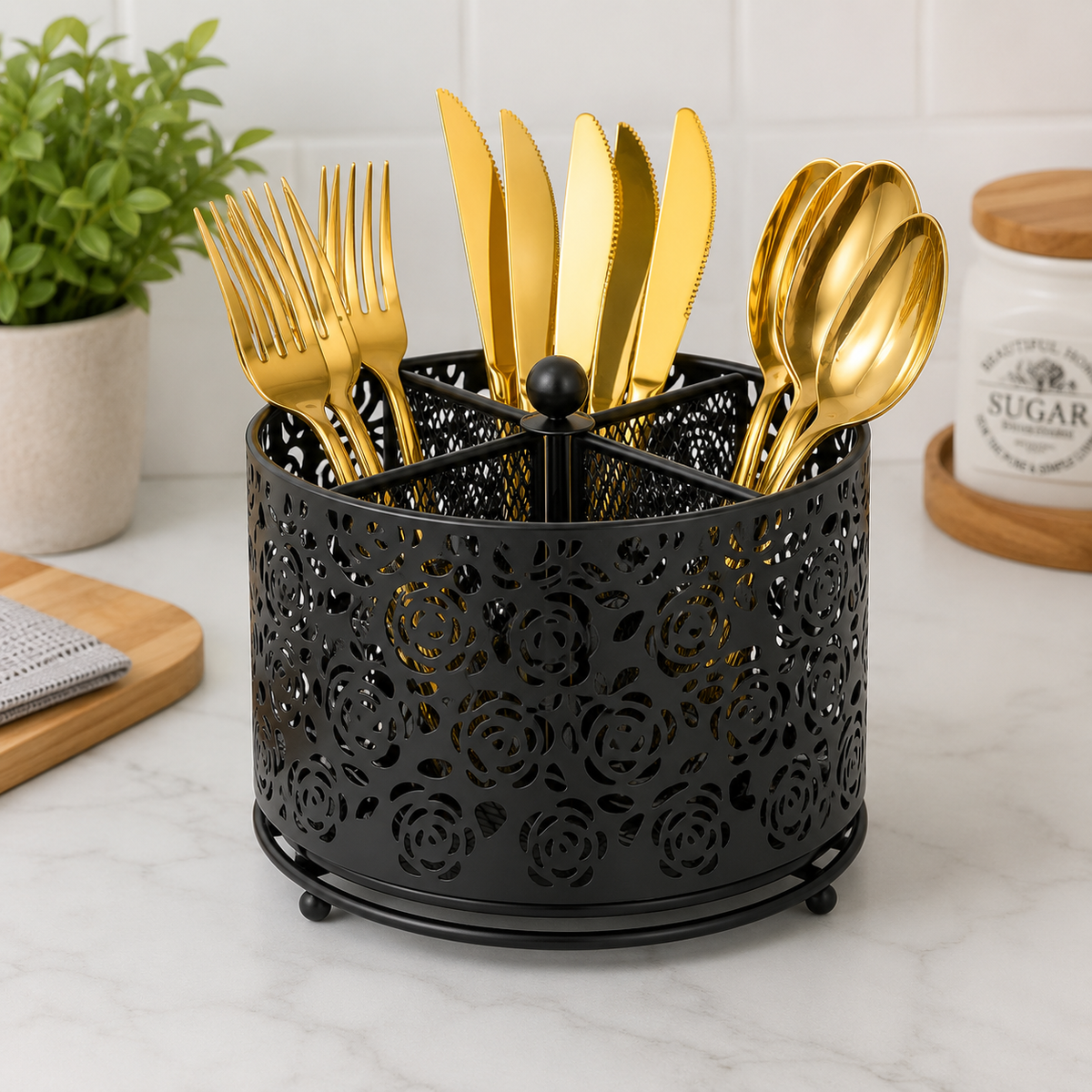 Luxury Rotating Cutlery Holder – Black & Gold