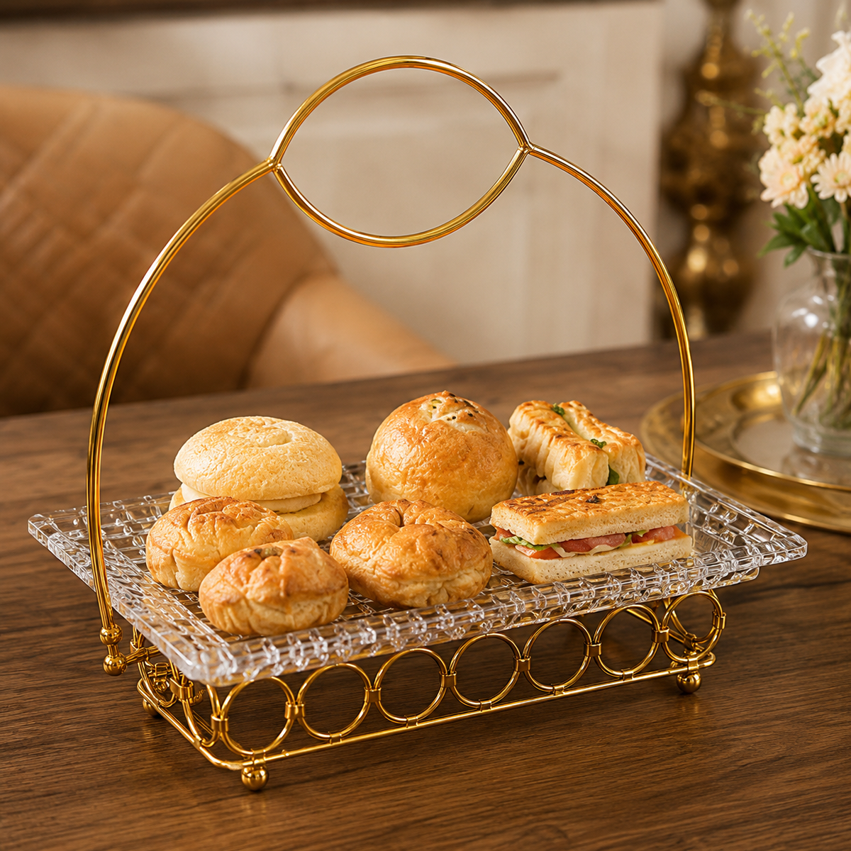 Golden Glass Serving Tray with Handle