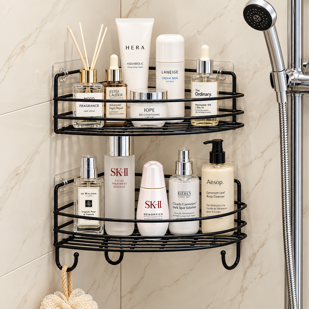 2-Tier Corner Bathroom Shelf with Hooks – Black