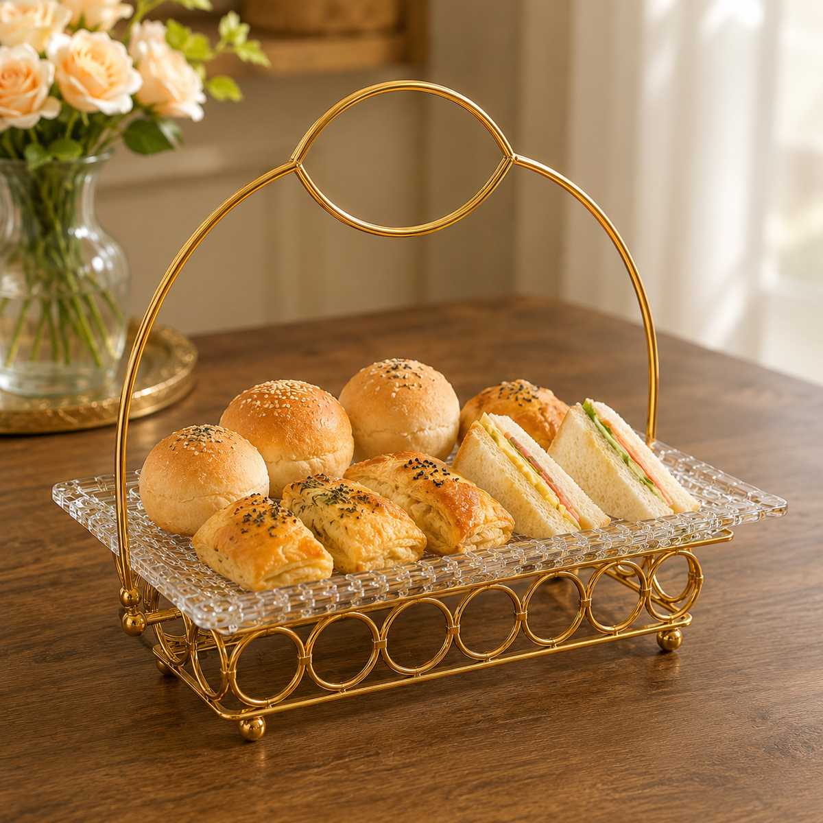 Golden Glass Serving Tray with Handle